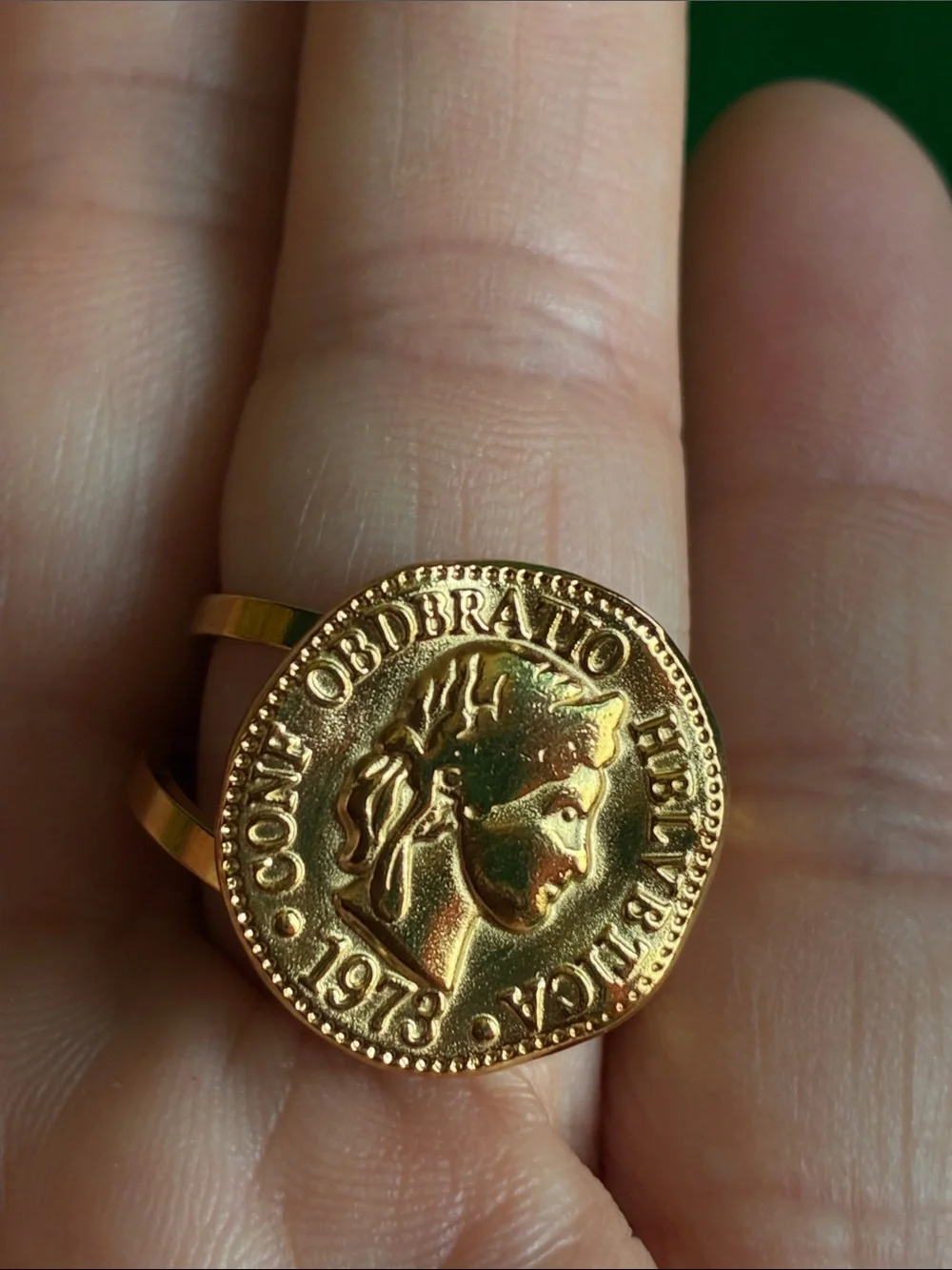 Ancient Roman style Goddess Libertas coin adjustable unisex ring in goldtone